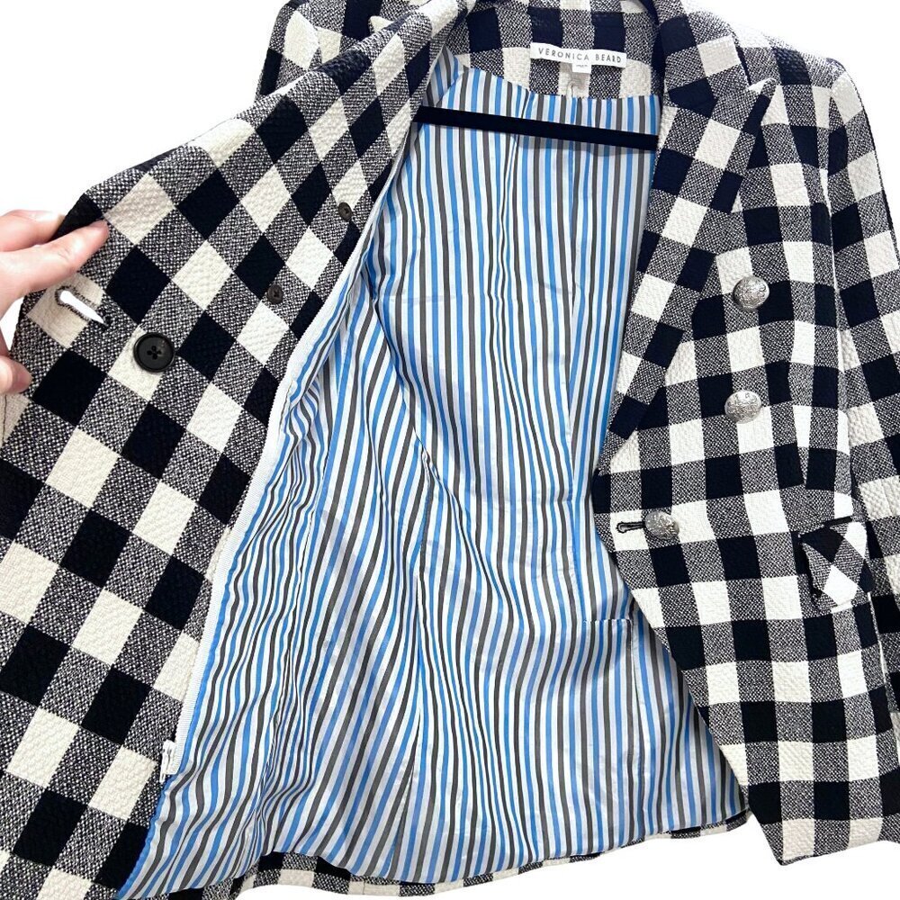 Veronica Beard Miller Dickey Tweed Blazer Black White Gingham Double Breast Sz 0 - Picture 10 of 15